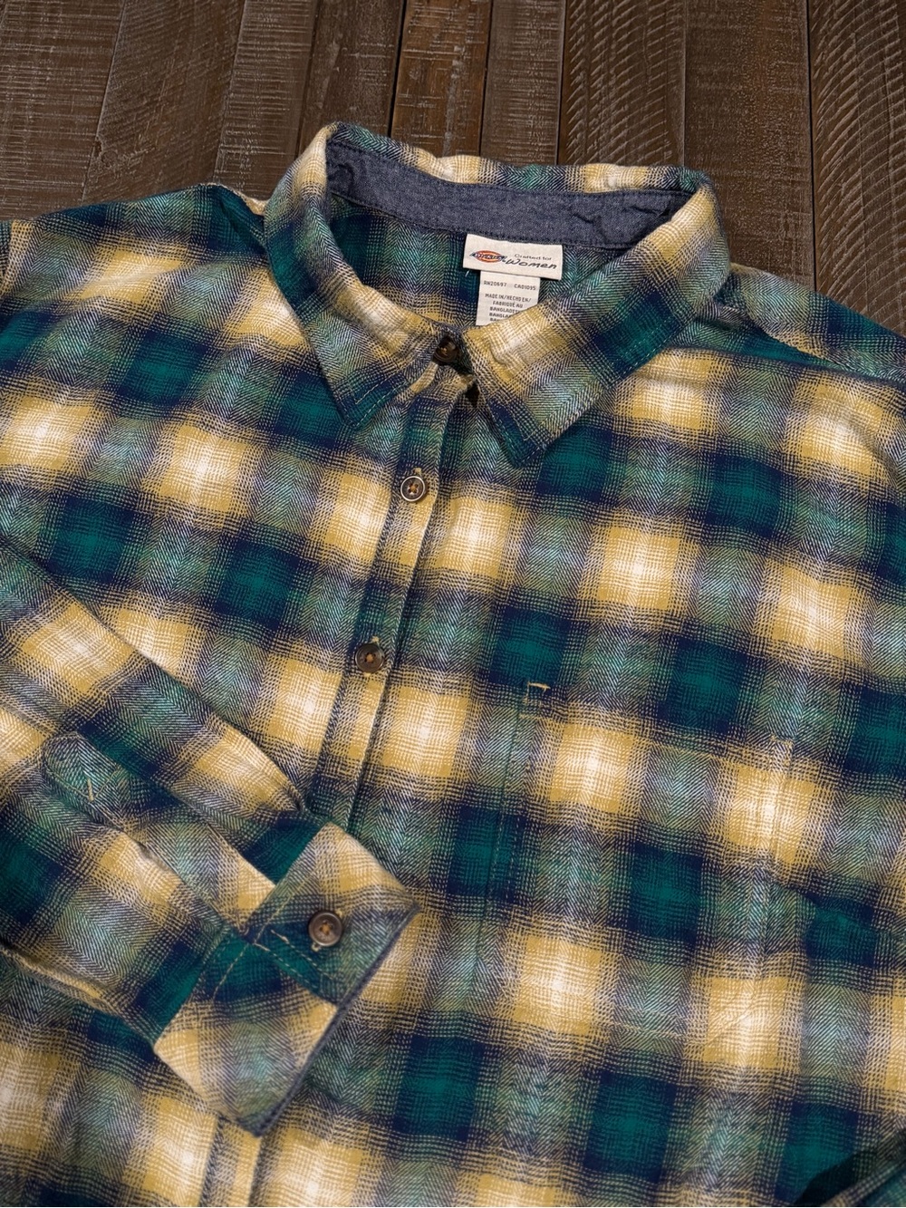 Dickies Women’s Plaid Flannel Button-Up Shirt Green Yellow 2X
